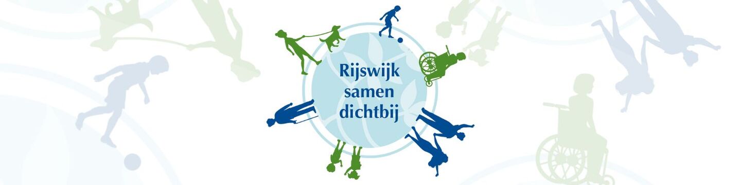 Wereldbol met de rijsttak van Rijswijk als patroon. Rondom de wereldbol zijn verschillende inwoners geanimeerd weergegeven in Rijswijks blauw en groen.