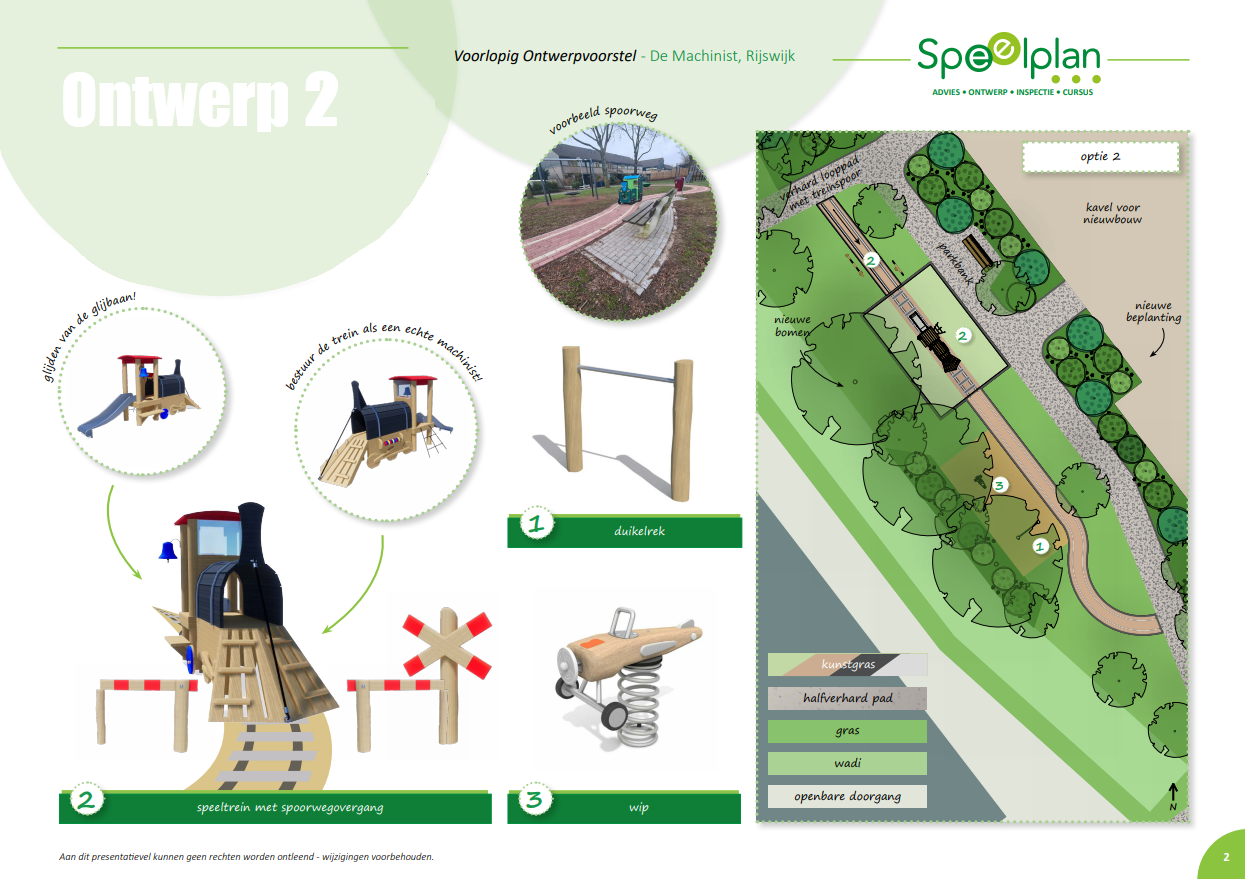 Ontwerp 2. Naast de speeltrein en spoorwegovergang, vindt je in dit ontwerp een duikelrek en een toffe wip in de vorm van een vliegtuig.